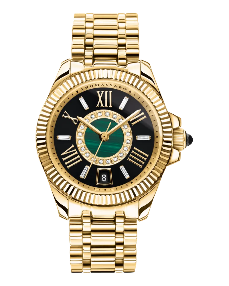 Thomas Sabo Damen Damenuhr Mystic Island mit weißen Steinen und grünem Malachit gelbgoldfarben, Edelstahl Gelbgoldfarben
