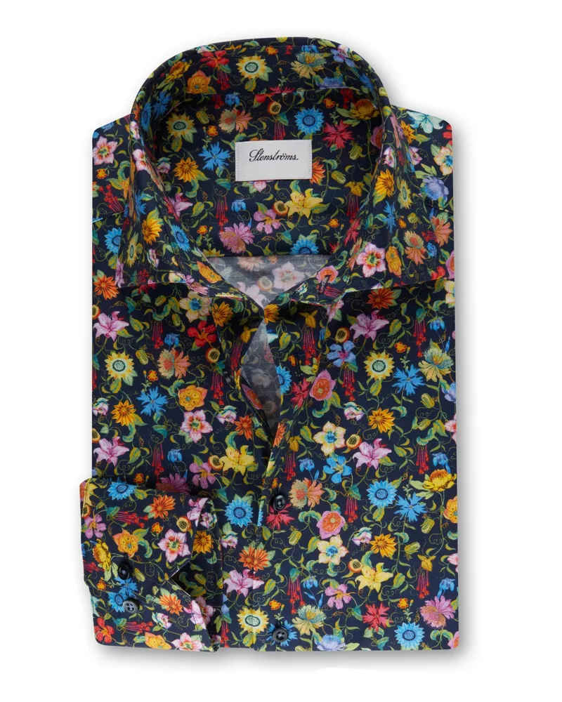 Stenströms Hemd aus Twofold Super Cotton mit Allover-Blüten-Print, Fitted Body Marine