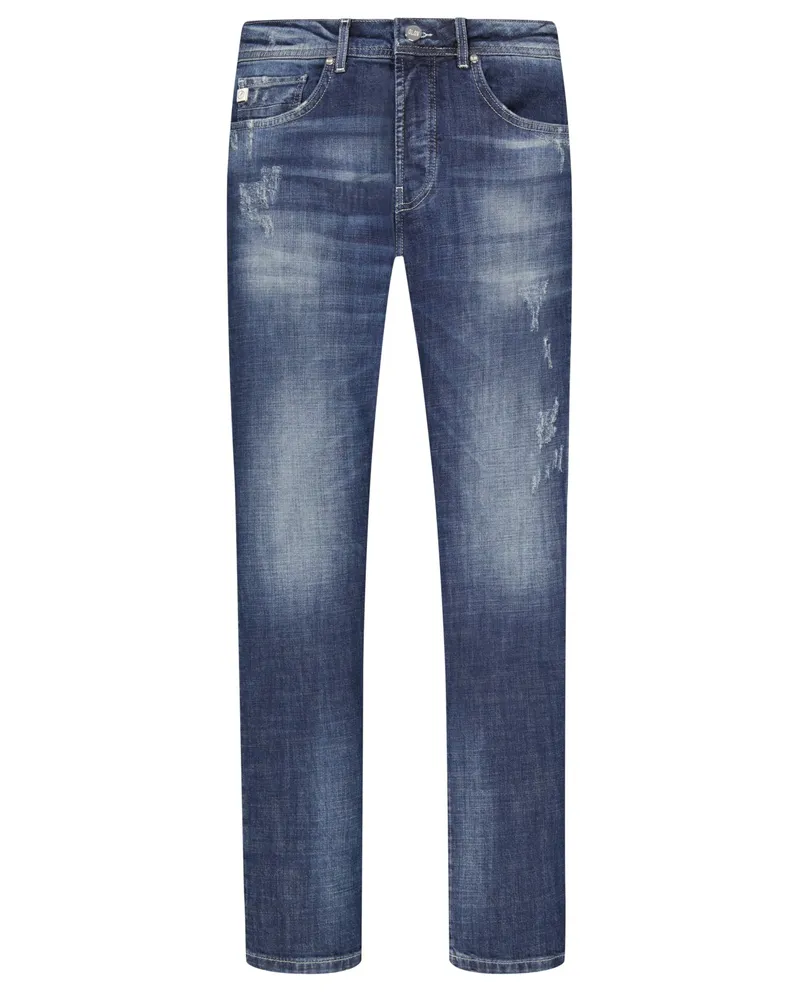 Goldgarn Jeans in Used-Optik mit Distressed-Details, Tapered Fit Mittelblau