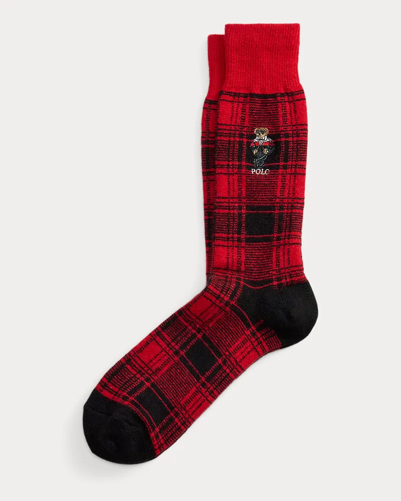 Ralph Lauren Karierte Stiefelsocken mit Polo Bear Red