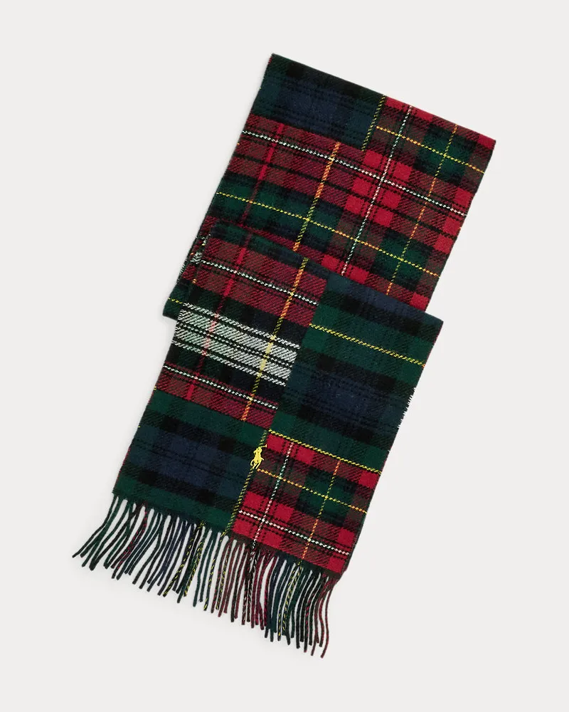 Ralph Lauren Karierter Patchwork-Schal mit Wolle Red