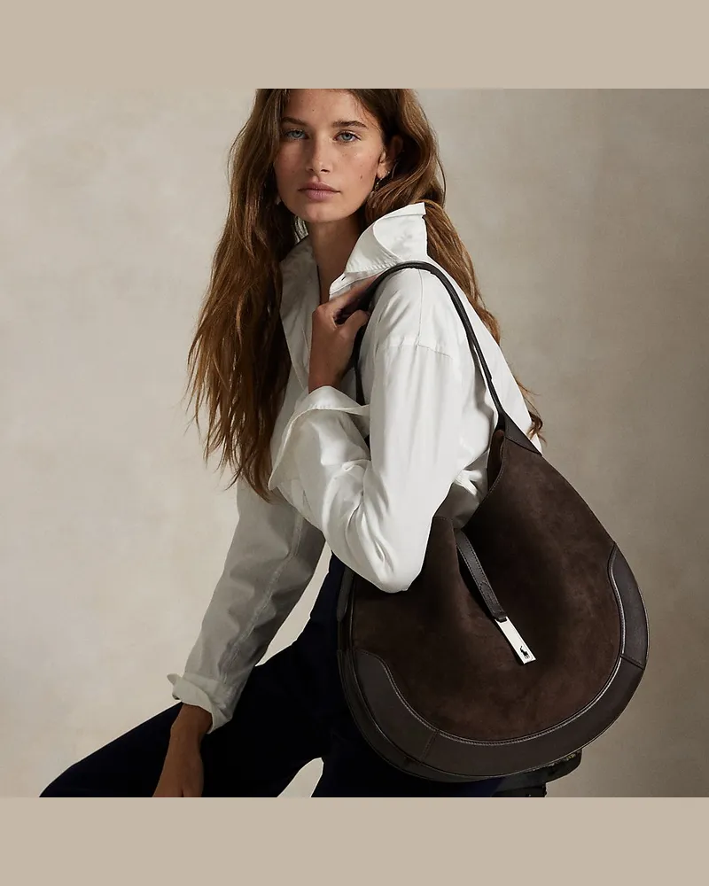 Ralph Lauren Große Schultertasche Polo ID aus Wildleder Brown