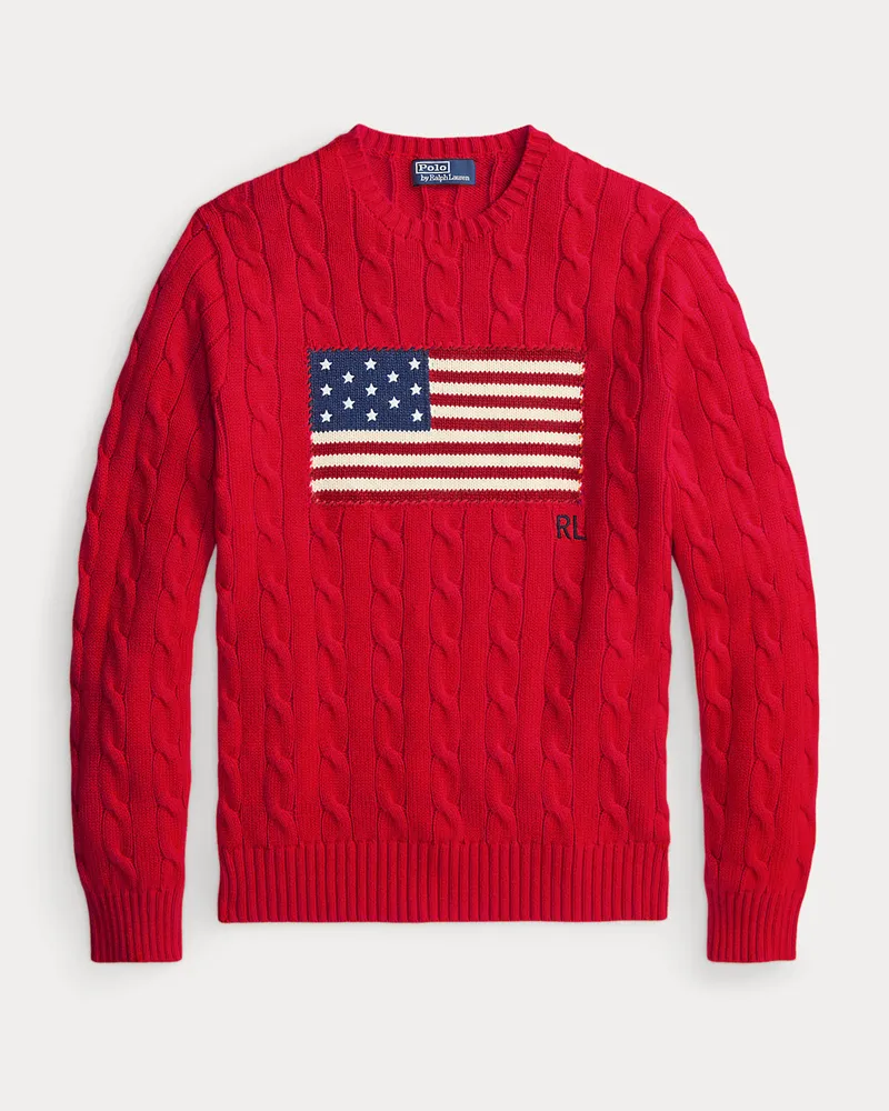 Ralph Lauren Pullover mit Zopfmuster und US-Flagge Red