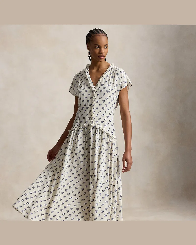 Ralph Lauren Geblümtes Seidenkleid mit Rüschenbesatz Cream