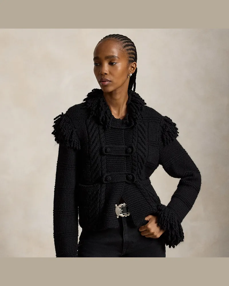 Ralph Lauren Wollstrickjacke mit gestrickten Fransen Black