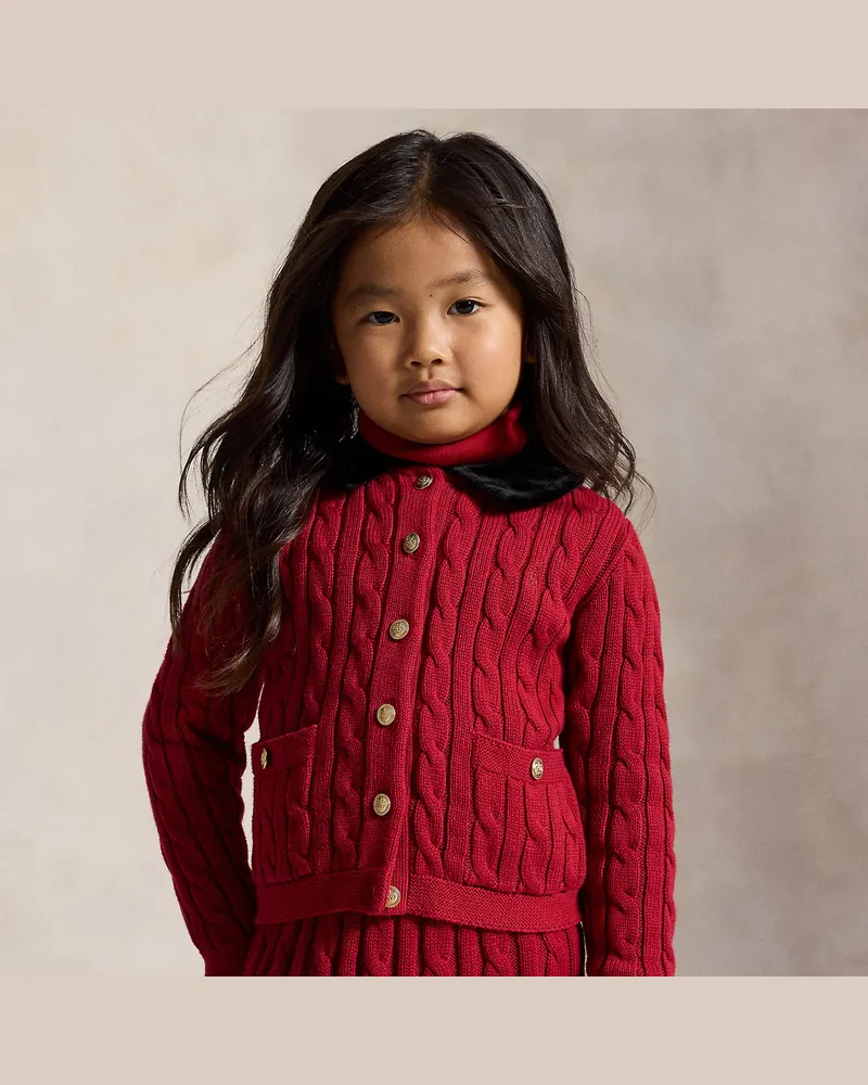 Ralph Lauren Cardigan mit Zopfmuster und Samtbesatz Red