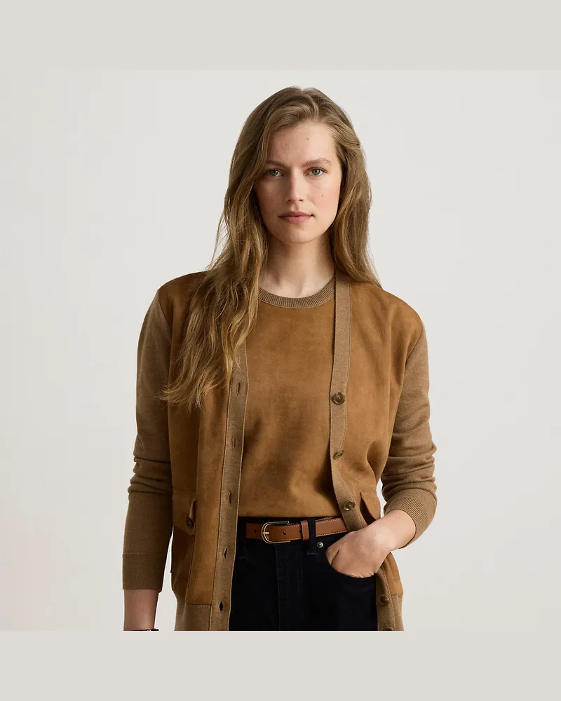 Ralph Lauren Wollstrickjacke mit Ziegenwildleder Tan
