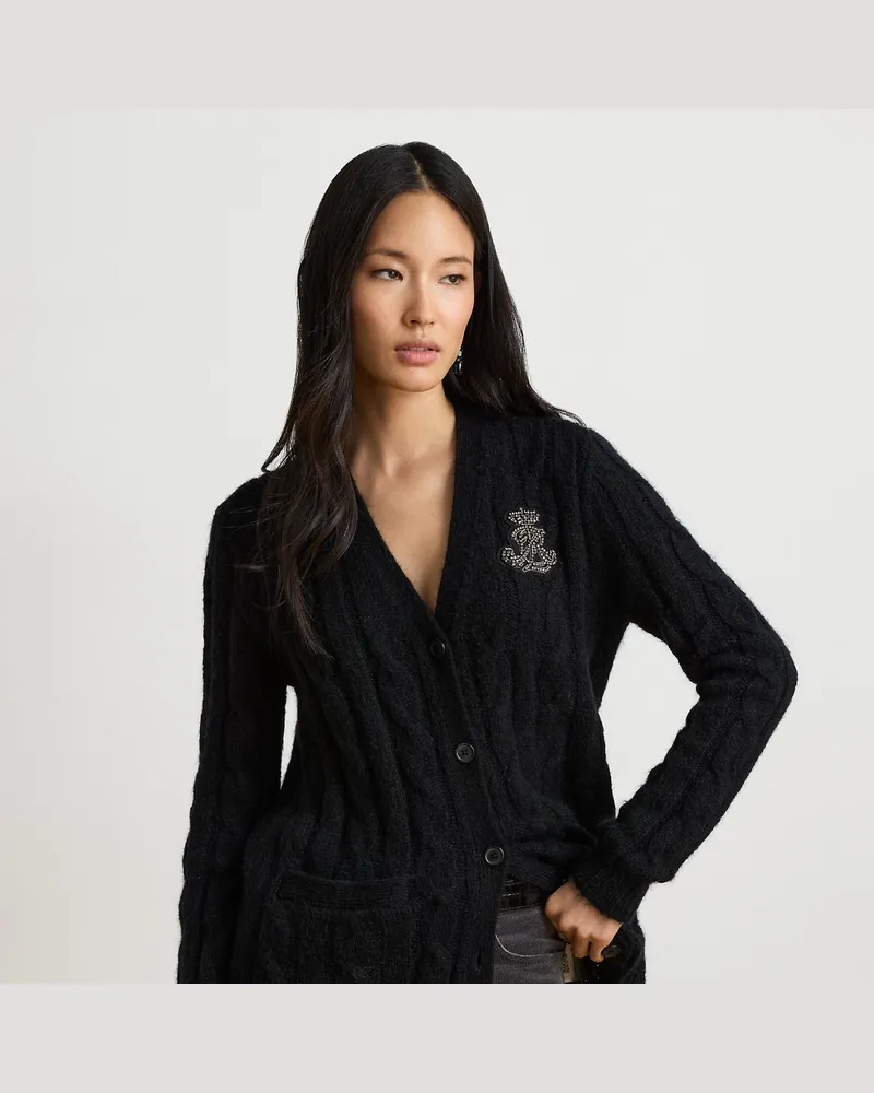 Ralph Lauren Strickjacke mit Zopfmuster und Aufnäher Black