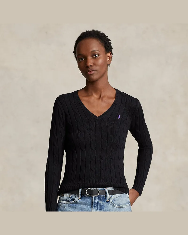 Ralph Lauren Zopfmusterpullover mit V-Ausschnitt Black