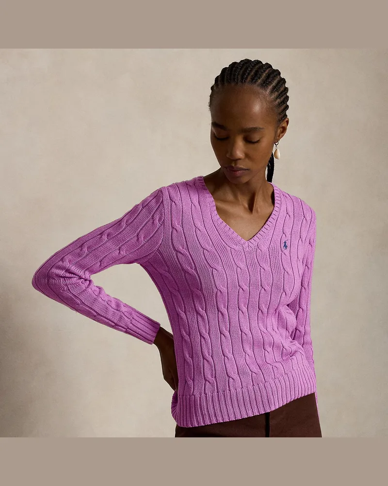 Ralph Lauren Zopfmusterpullover mit V-Ausschnitt Pink