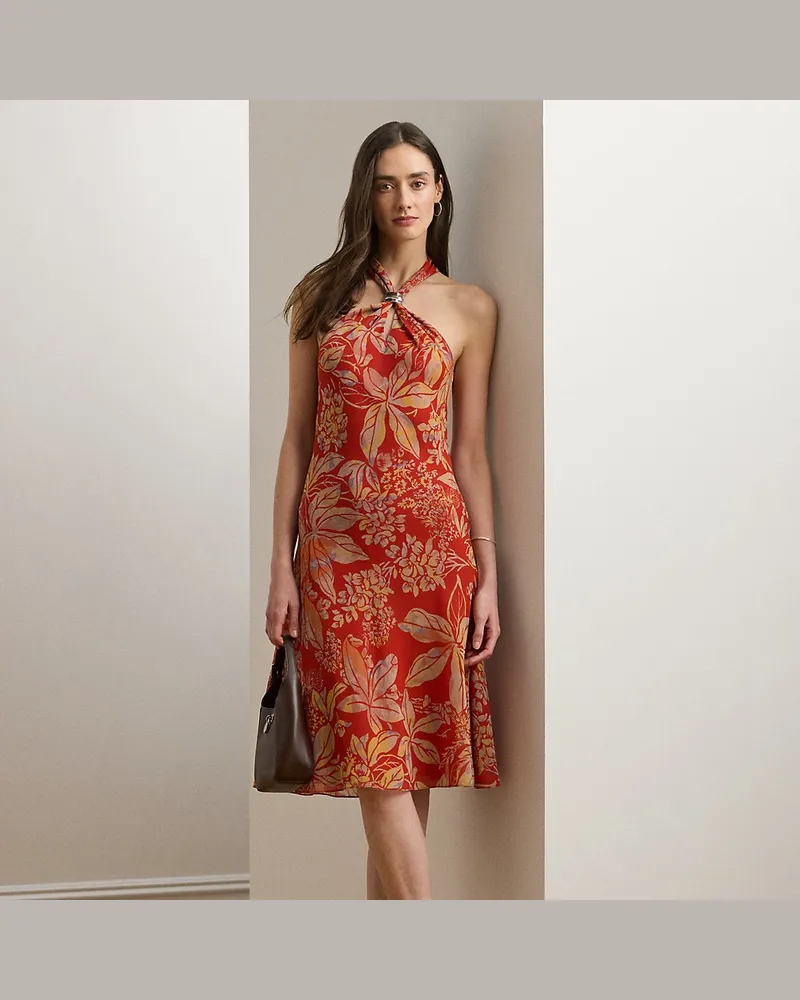 Ralph Lauren Geblümtes Neckholder-Kleid aus Georgette Red