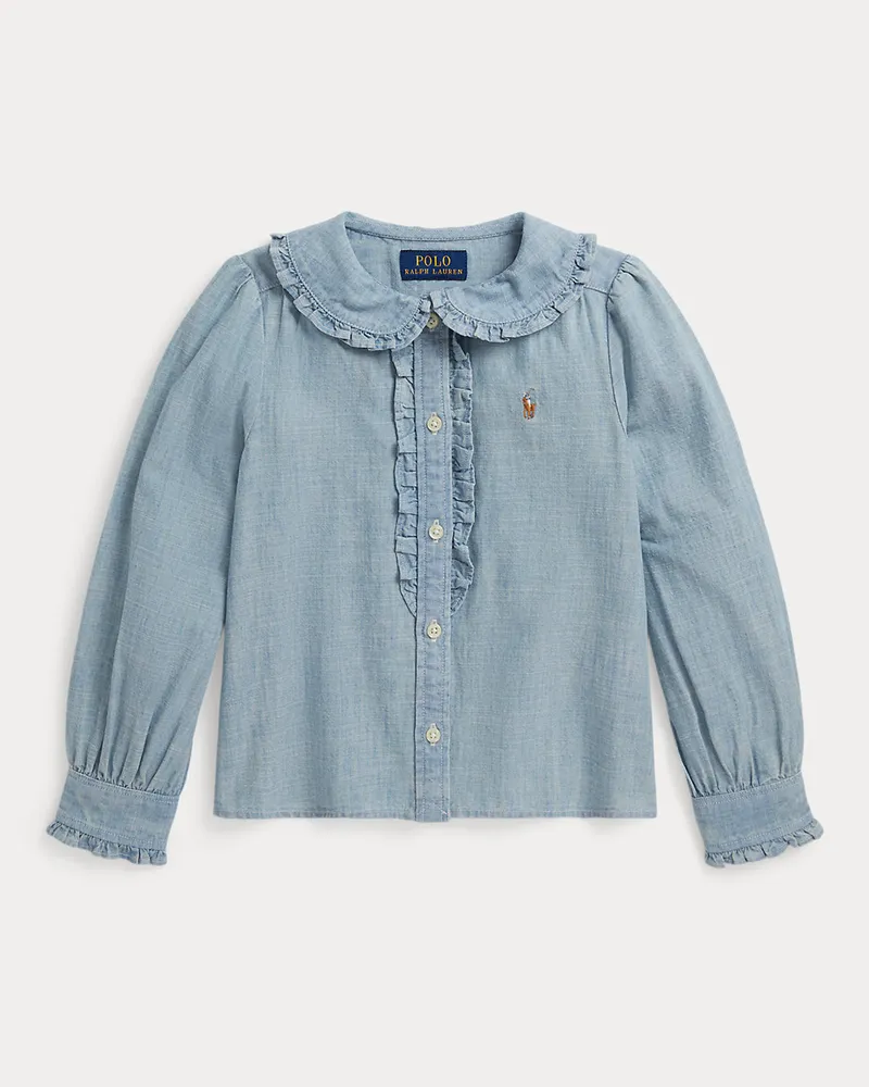 Ralph Lauren Baumwollchambray-Oberteil mit Rüschen Blue