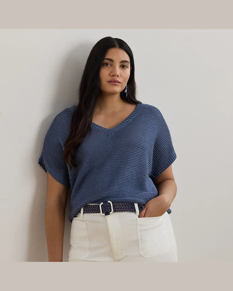 Ralph Lauren Plus Größen - Kurzarmpullover mit V-Ausschnitt Blue