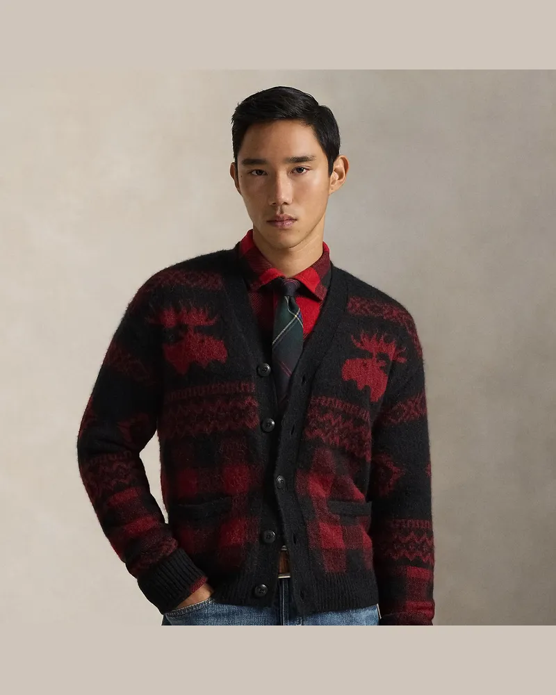 Ralph Lauren Buffalo-Karo-Strickjacke mit Elchgrafik Red