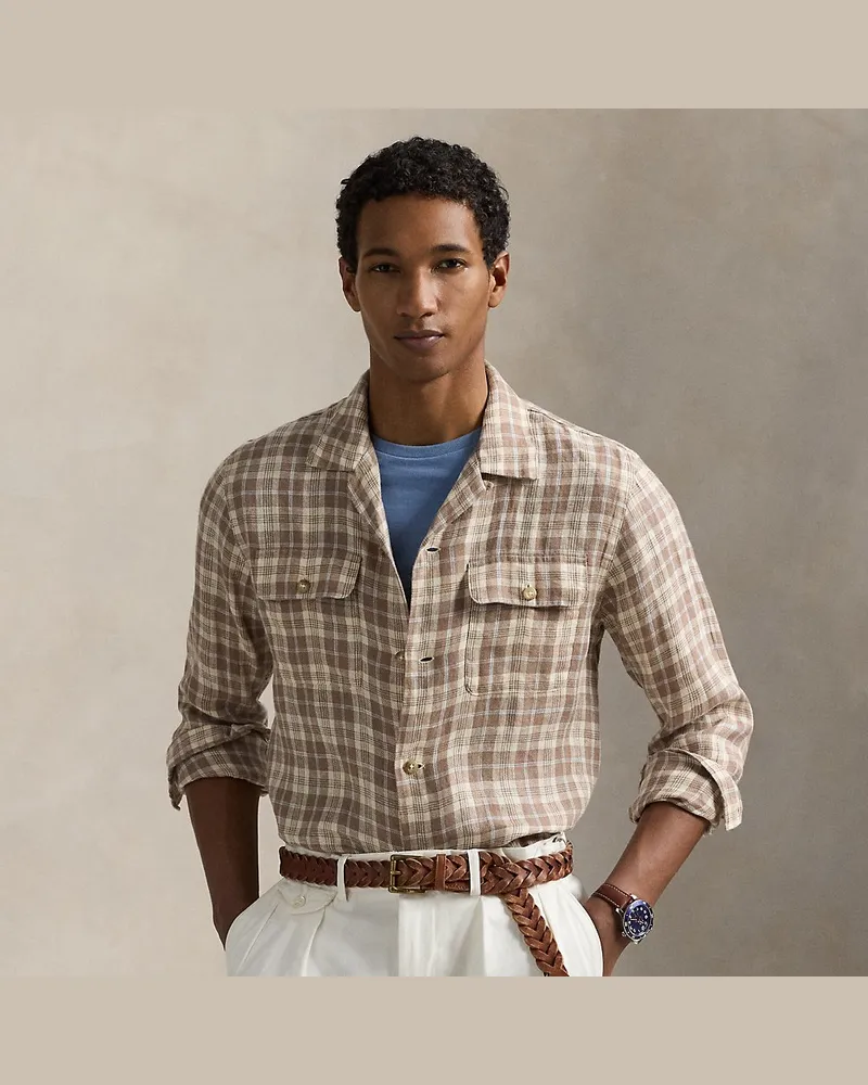 Ralph Lauren Kariertes Classic-Fit Leinen-Kurzarmhemd Brown