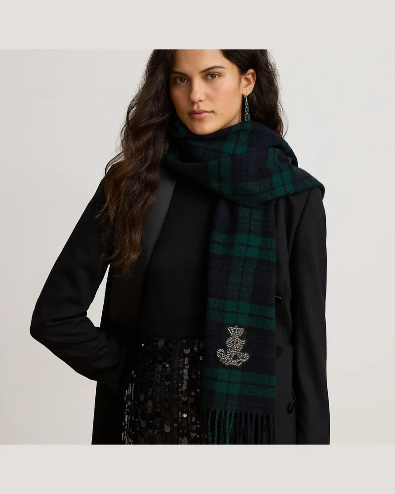 Ralph Lauren Verzierter Wollschal mit Karomuster Blue