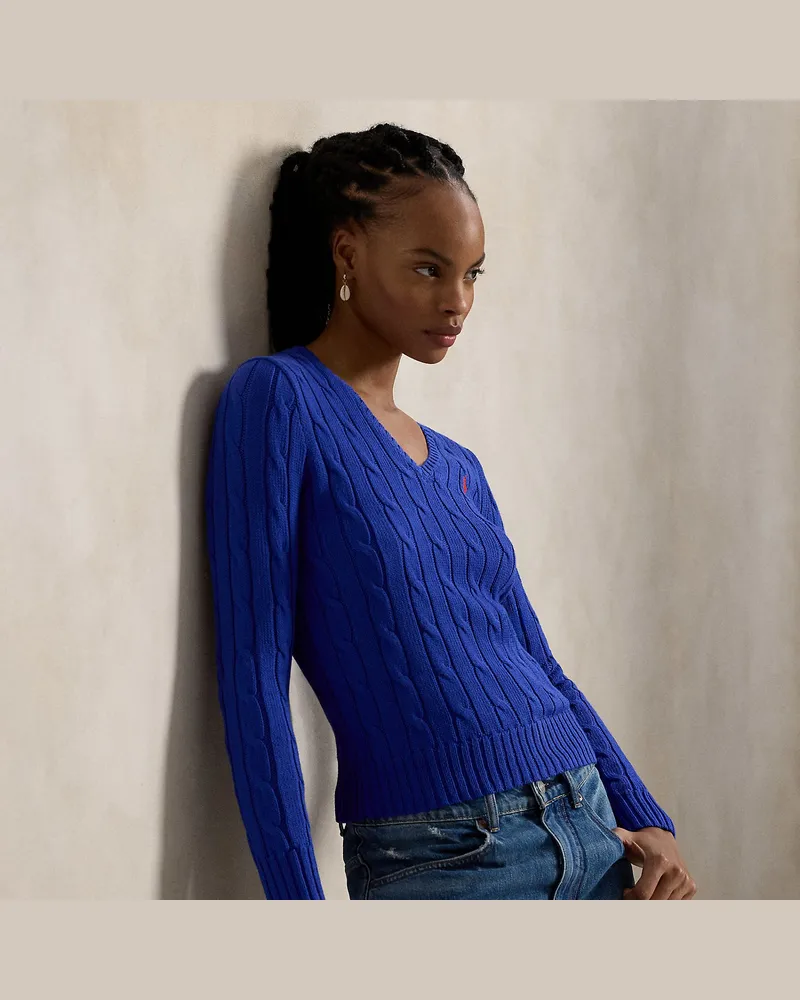 Ralph Lauren Zopfmusterpullover mit V-Ausschnitt Blue