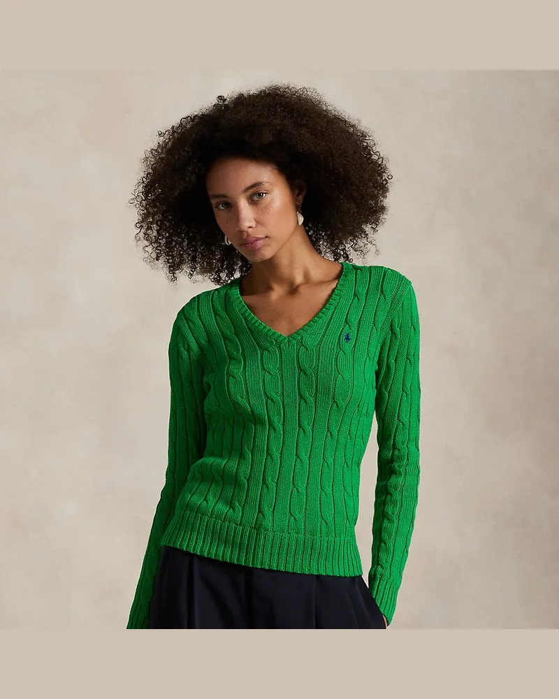 Ralph Lauren Zopfmusterpullover mit V-Ausschnitt Green