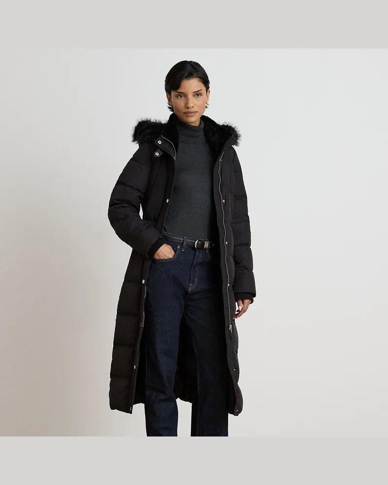 Ralph Lauren Daunen-Steppmantel mit Kapuze und Besatz Black