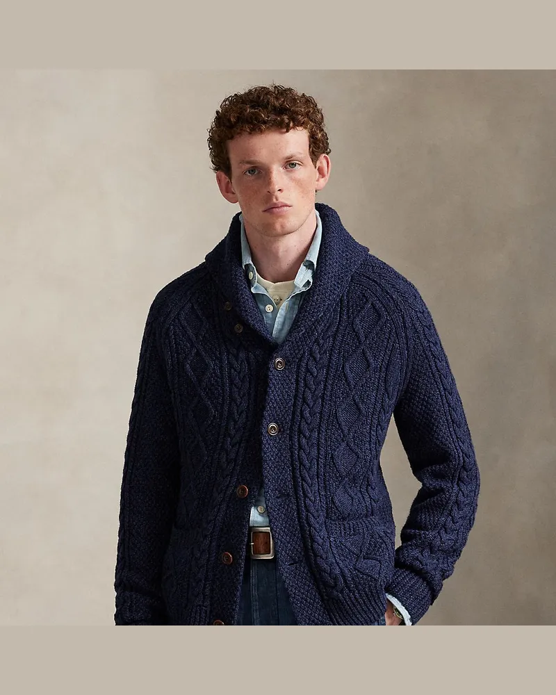 Ralph Lauren Aran-Baumwollstrickjacke mit Schalkragen Blue