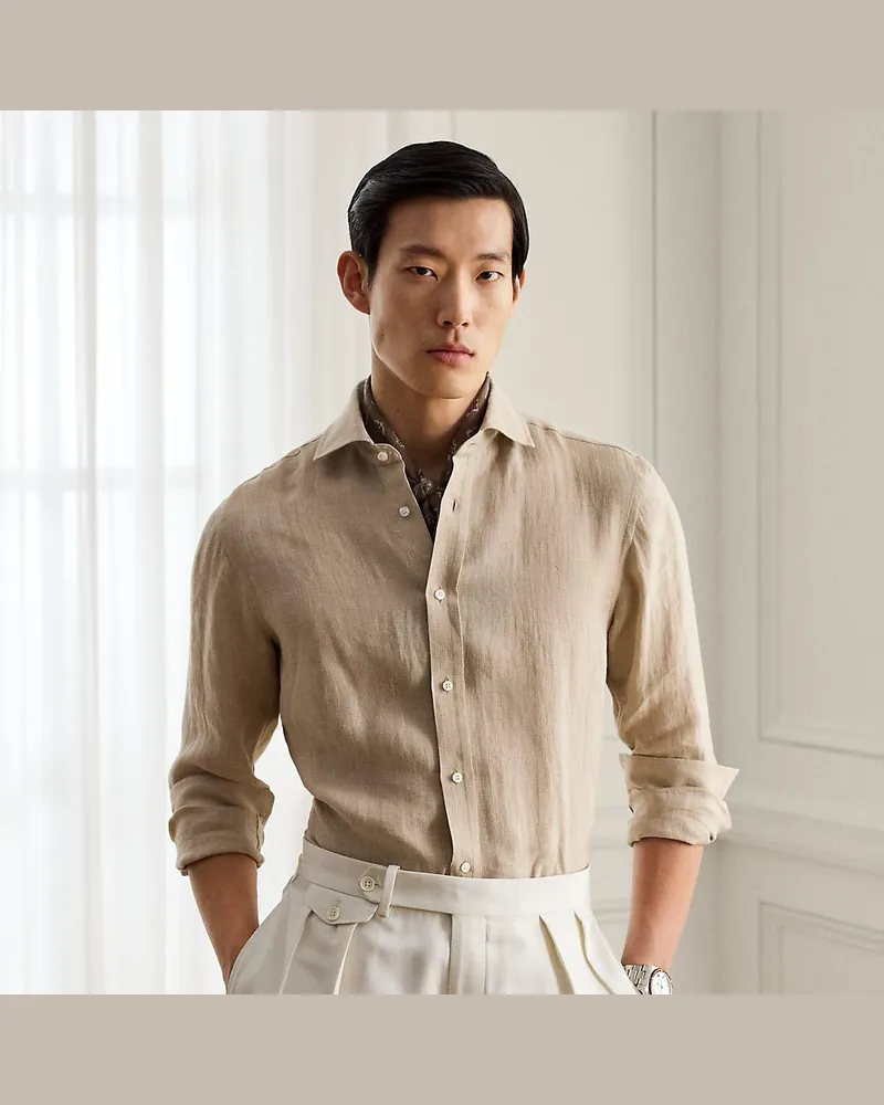 Ralph Lauren Fein gemustertes Leinenhemd Tan