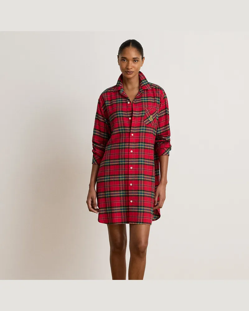 Ralph Lauren Kariertes Nachthemd aus angerautem Twill Red