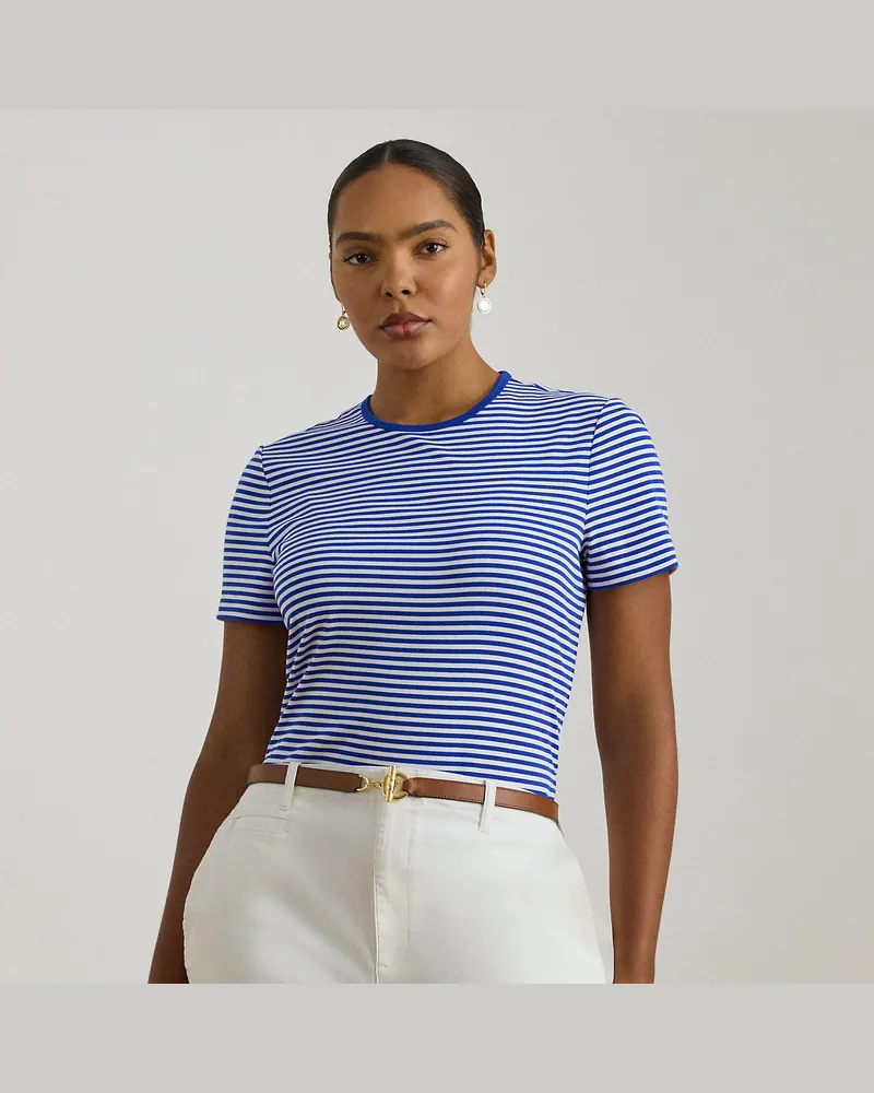 Ralph Lauren Plus Größen - Gestreiftes Rundhals-T-Shirt mit Stretch Blue