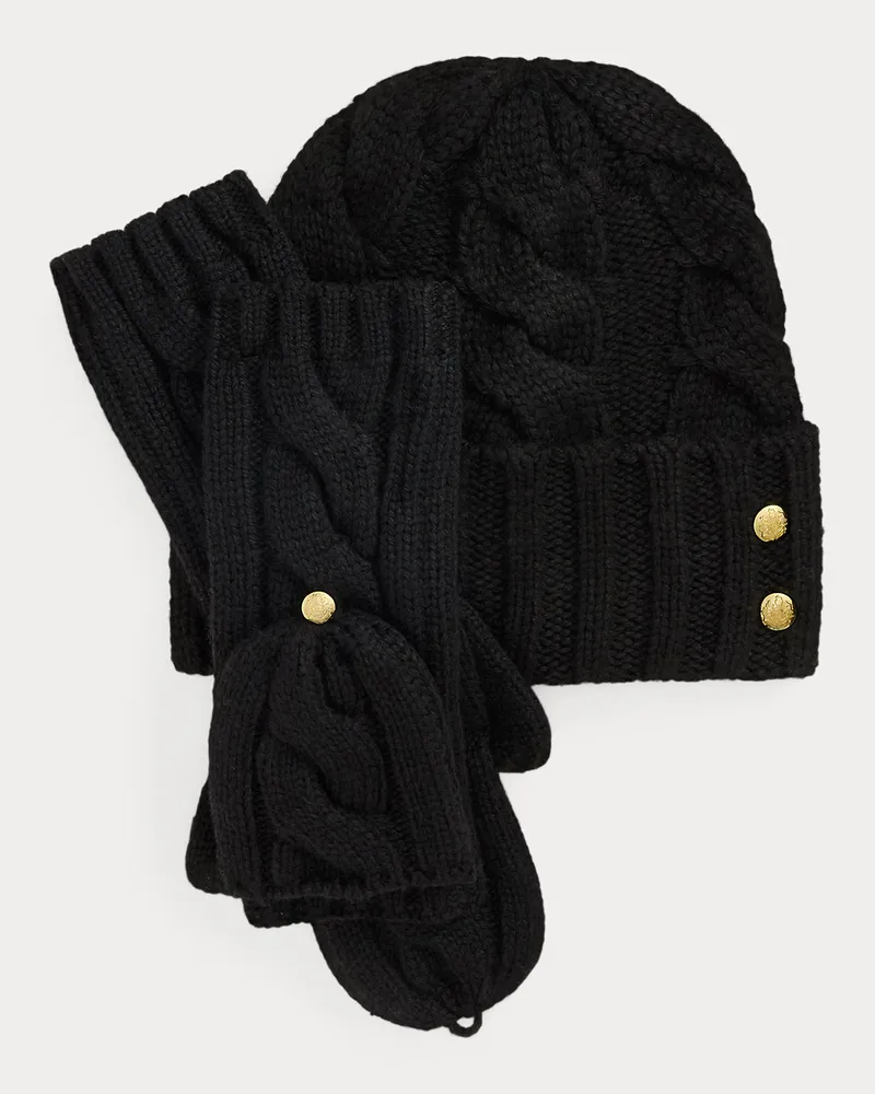 Ralph Lauren Mütze und Fäustlinge mit Zopfmuster Black