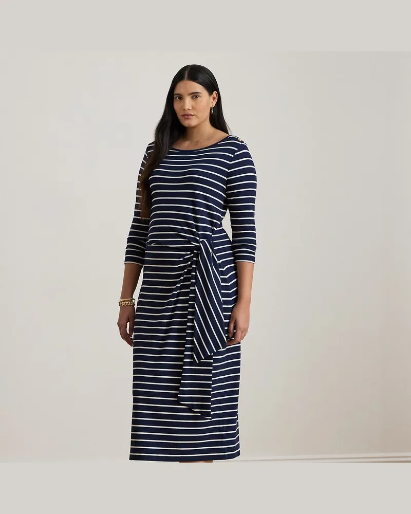 Ralph Lauren Plus Größen - Gestreiftes Kleid mit Schnürdetail Blue
