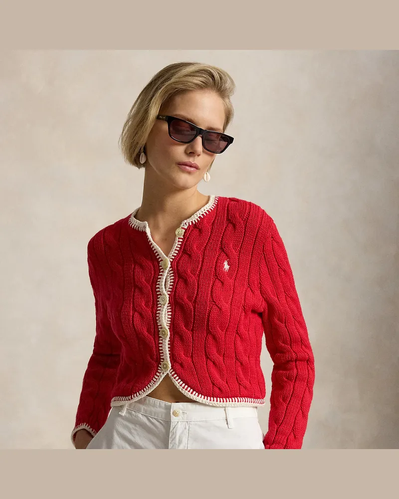 Ralph Lauren Verkürzte Strickjacke mit Zopfmuster Red