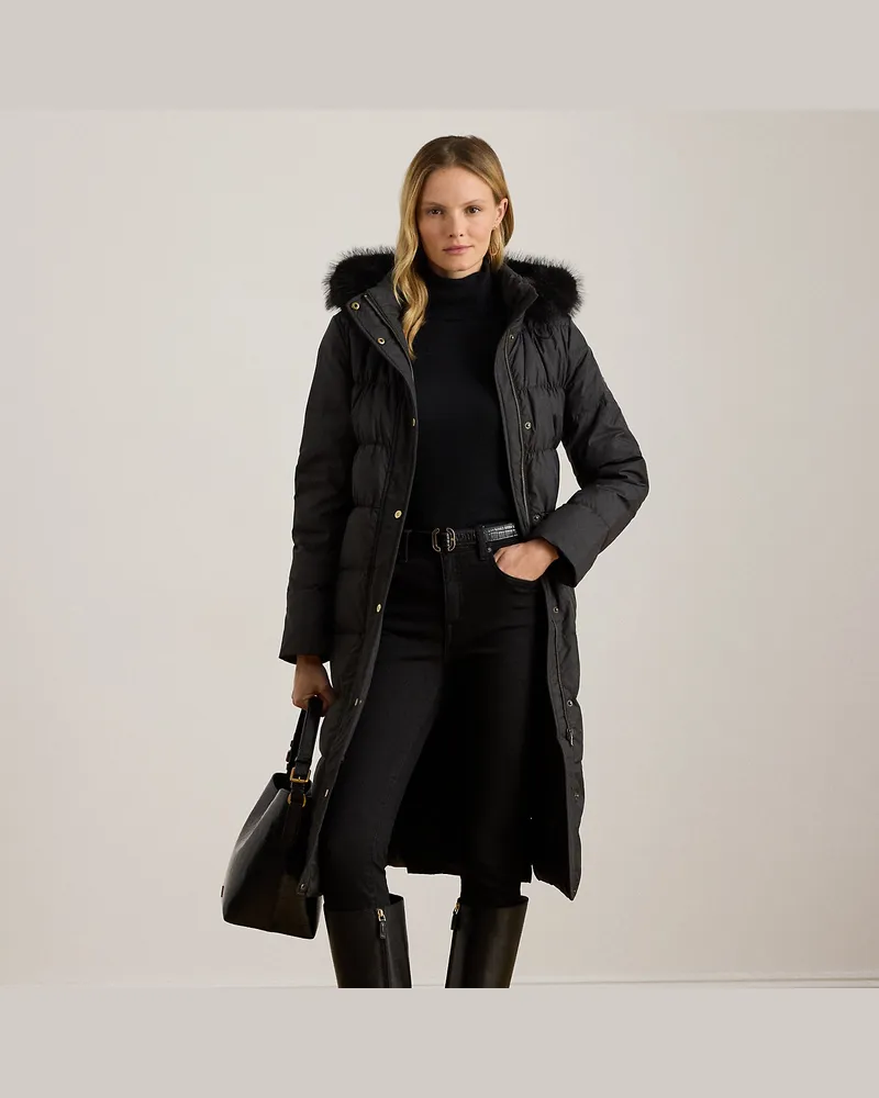 Ralph Lauren Daunenmantel mit Kapuze und Kunstpelz Black