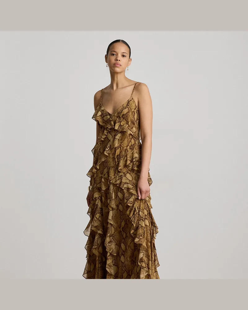 Ralph Lauren Python-Georgette-Kleid mit Rüschenbesatz Tan