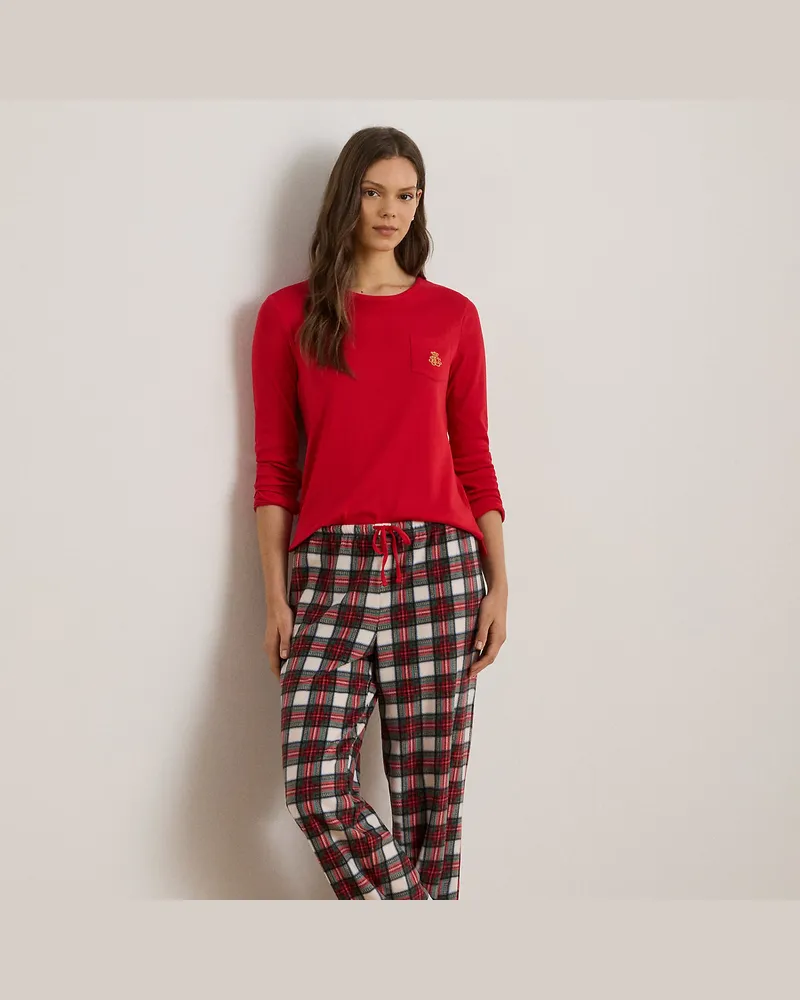 Ralph Lauren Kariertes Fleece-Rippenstrick-Pyjamaset White