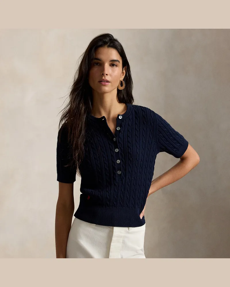 Ralph Lauren Henley-Kurzarmpullover mit Zopfmuster Blue