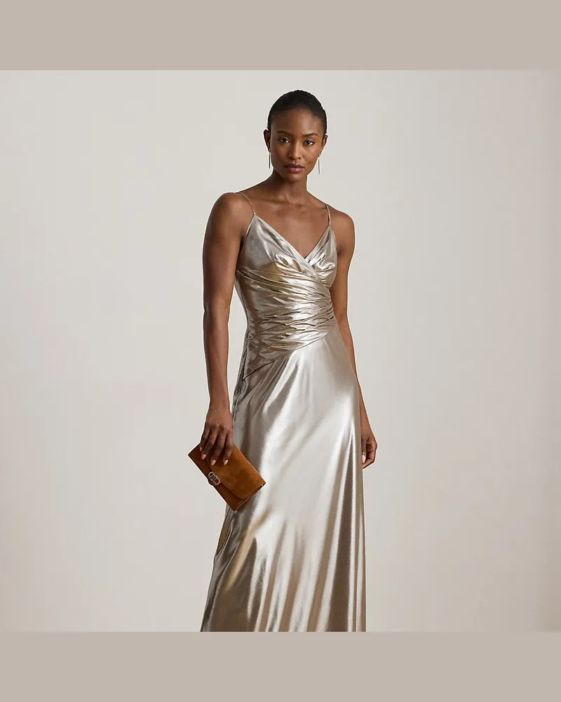 Ralph Lauren Ärmelloses Metallic-Chiffon-Abendkleid Brown