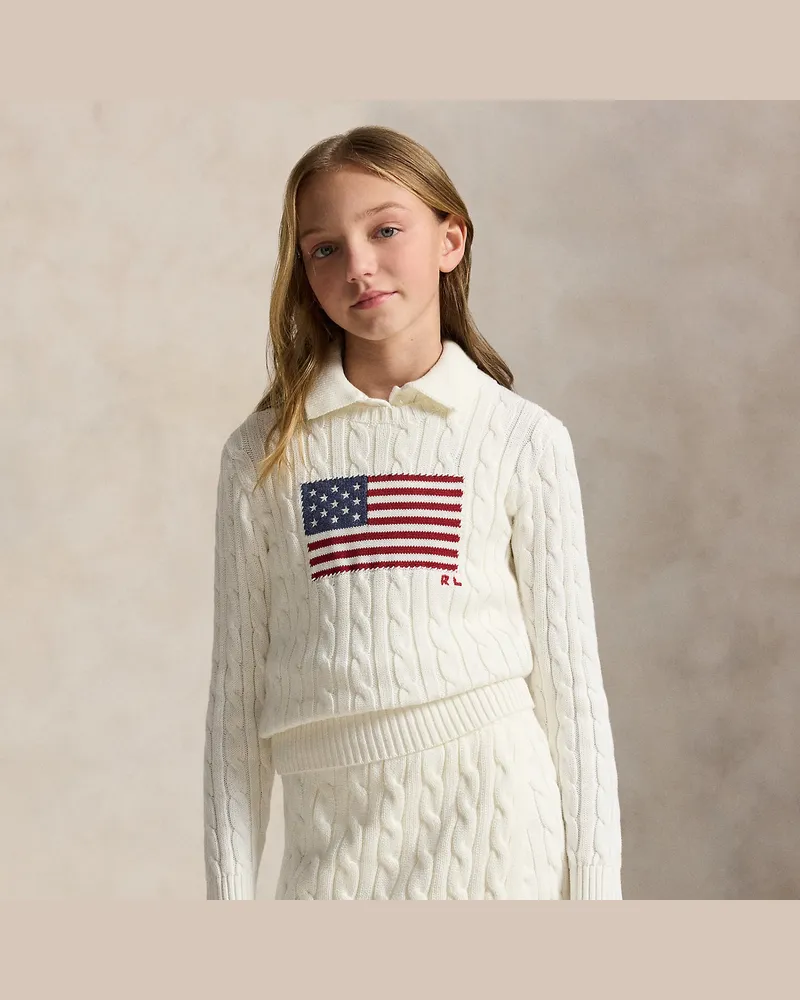 Ralph Lauren Pullover mit Zopfmuster und US-Flagge White