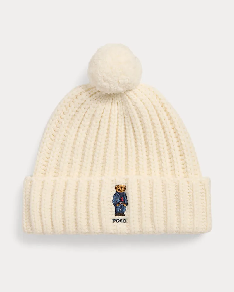 Ralph Lauren Gerippte Bommelmütze mit Polo Bear Cream