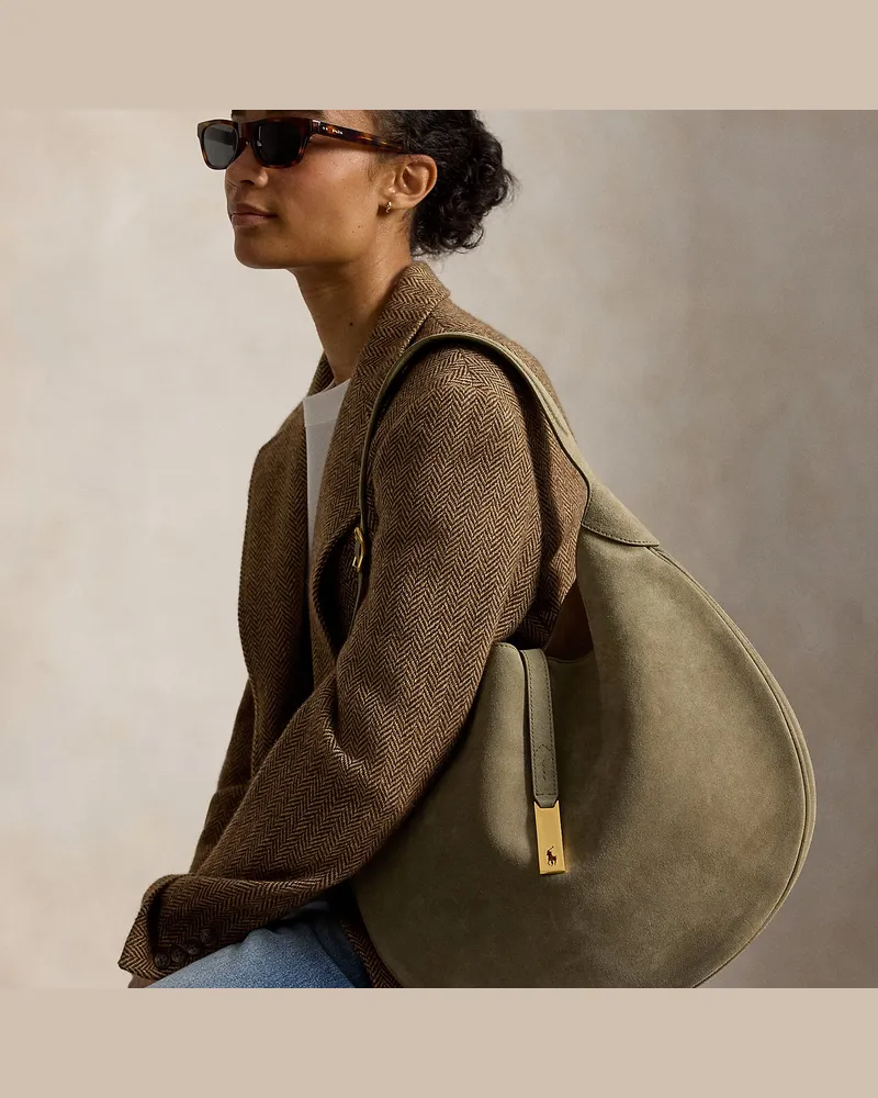Ralph Lauren Große Wildleder-Schultertasche Polo ID Green