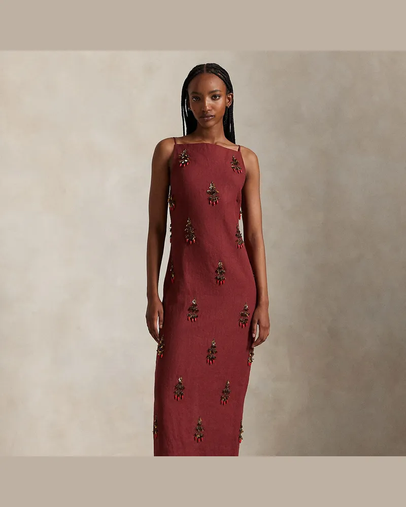 Ralph Lauren Leinenkleid mit Perlenbesatz Red