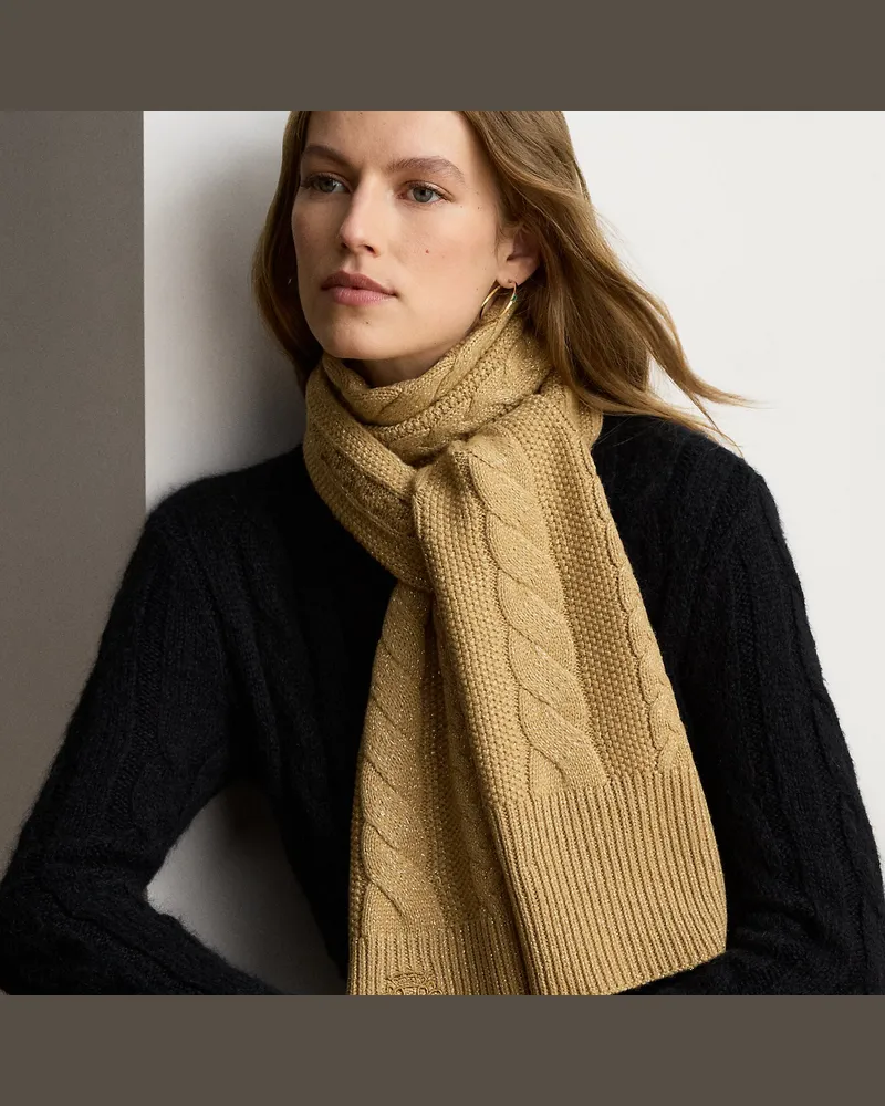 Ralph Lauren Metallic-Schal mit Zopfmuster und Wappen Tan