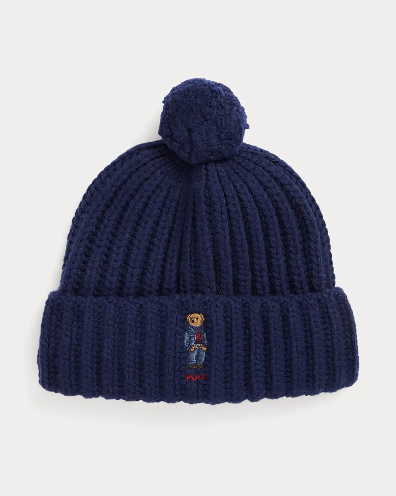 Ralph Lauren Gerippte Bommelmütze mit Polo Bear Blue