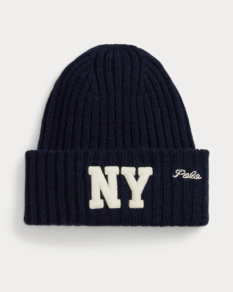 Ralph Lauren Rippenstrick-Wollmütze mit „NY“-Aufnäher Blue