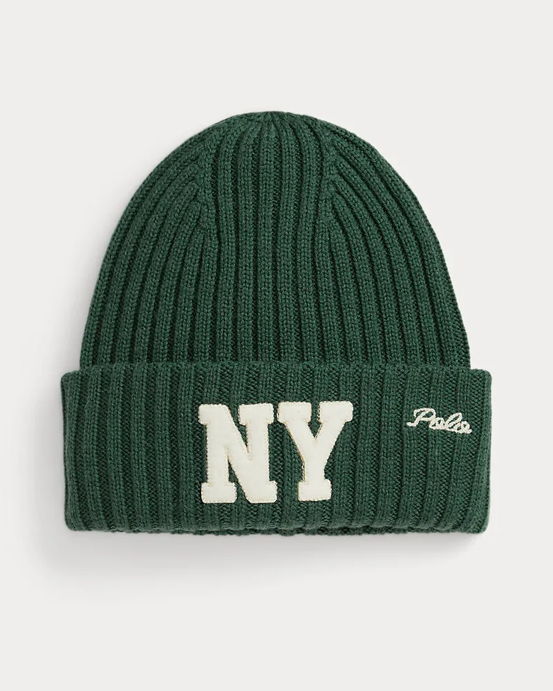 Ralph Lauren Rippenstrick-Wollmütze mit „NY“-Aufnäher Green