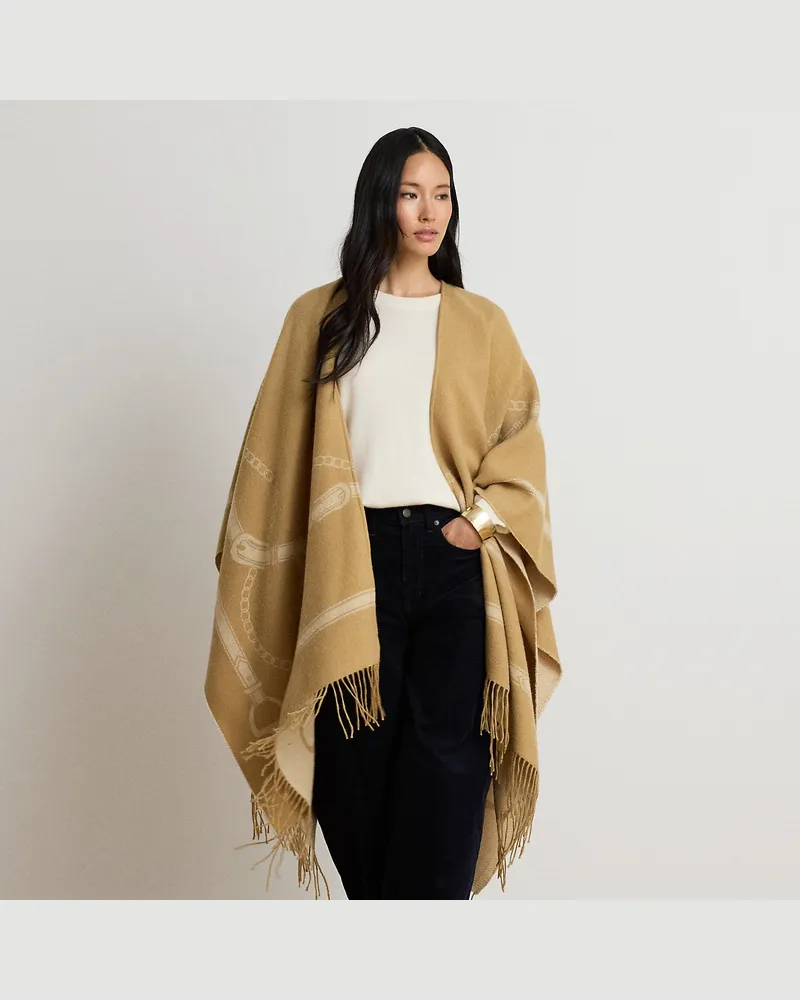Ralph Lauren Poncho mit Gürtelmotiv und Fransen Tan