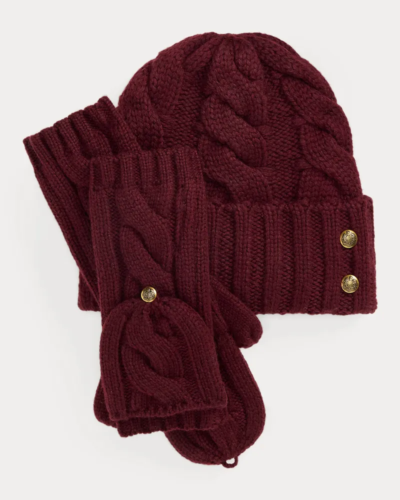 Ralph Lauren Mütze und Fäustlinge mit Zopfmuster Red