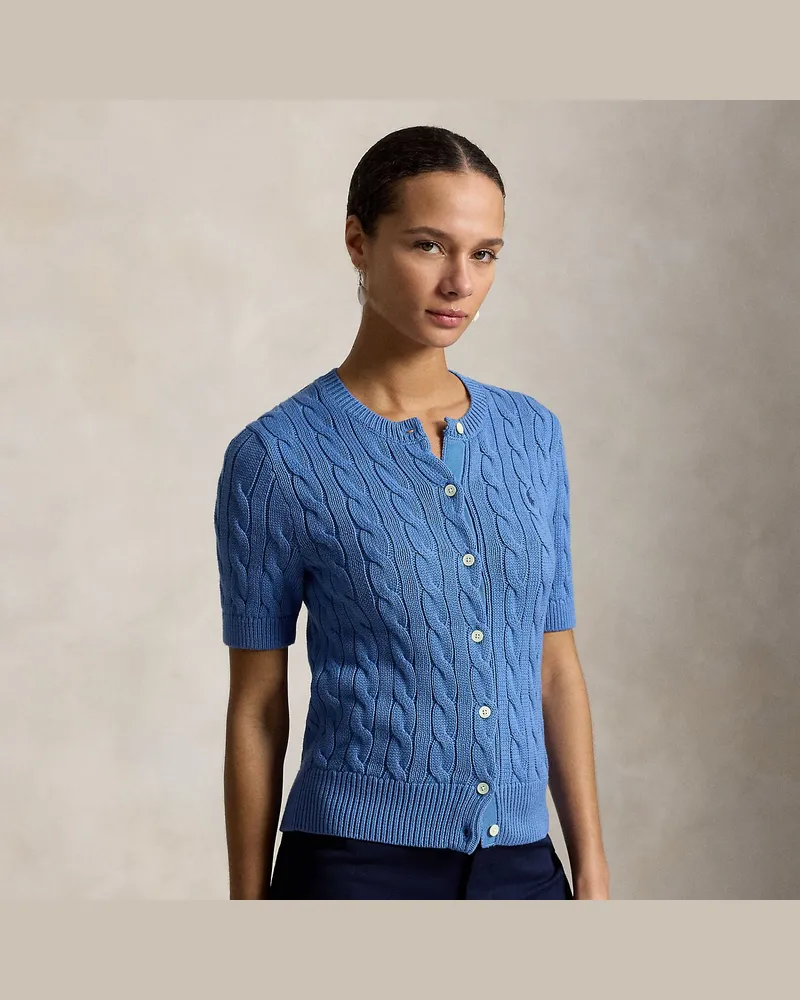 Ralph Lauren Kurzärmlige Strickjacke mit Zopfmuster Blue