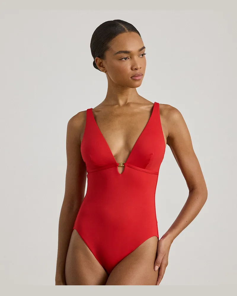 Ralph Lauren Einteiliger Badeanzug mit V-Ausschnitt Red