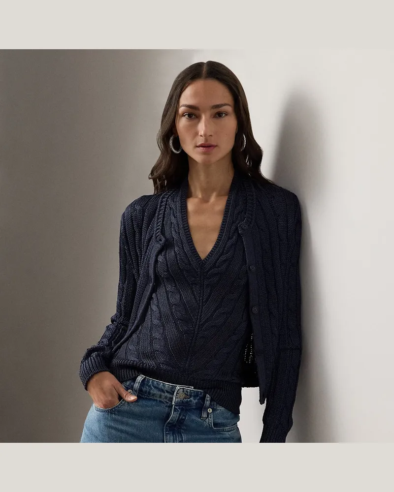 Ralph Lauren Kurze Zopfmuster-Strickjacke aus Seide Blue