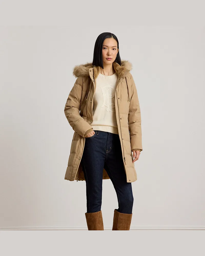 Ralph Lauren Daunenmantel mit Kapuze und Kunstpelz Tan
