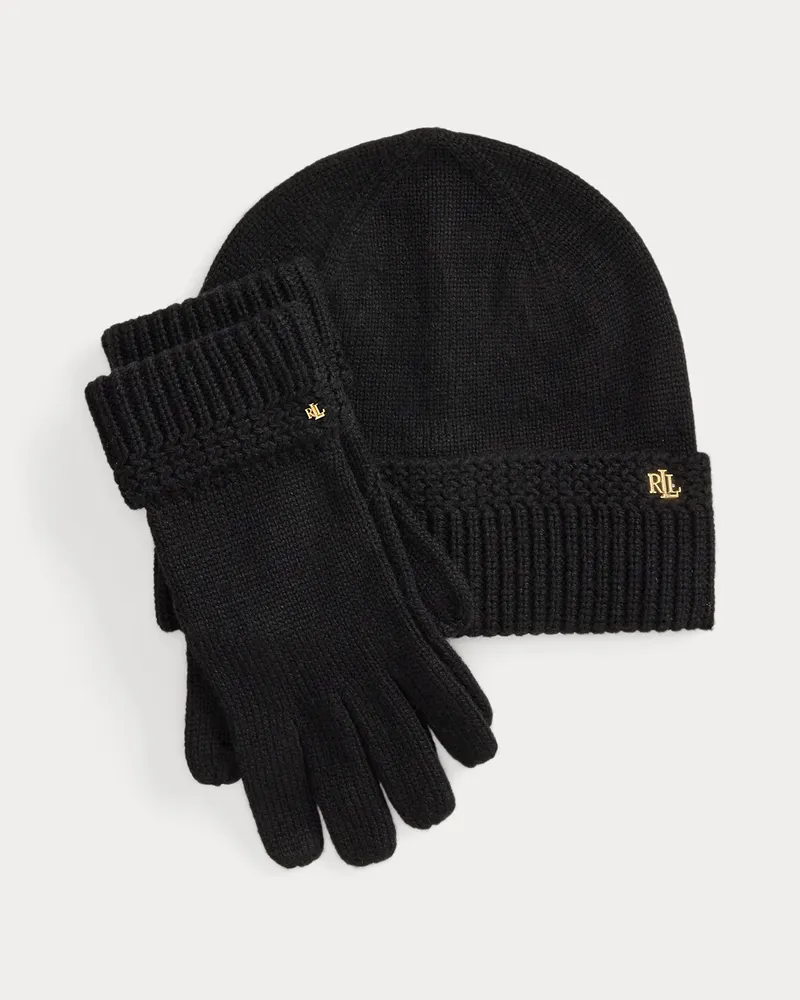 Ralph Lauren Beanie & Handschuhe im Fischgrätstrick Black